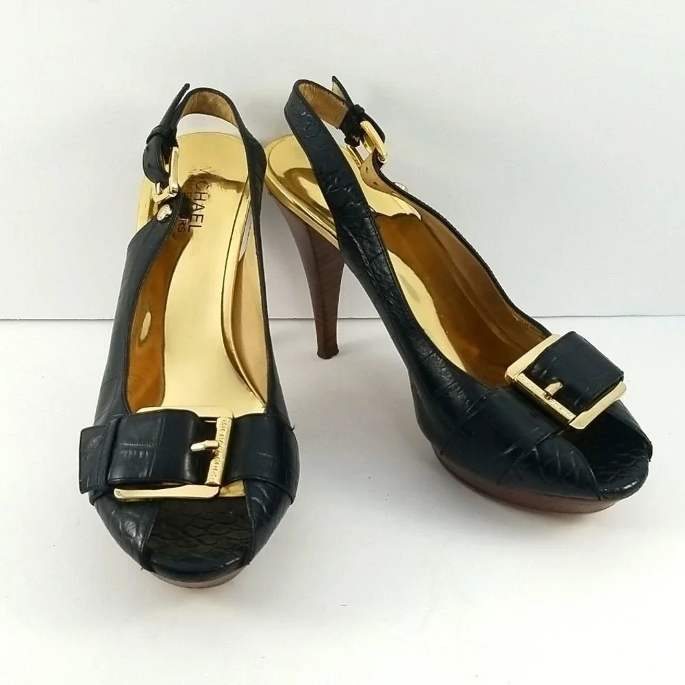 Michael Michael Kors Black Croc Embossed Slingback Platform Heels 8.5‎